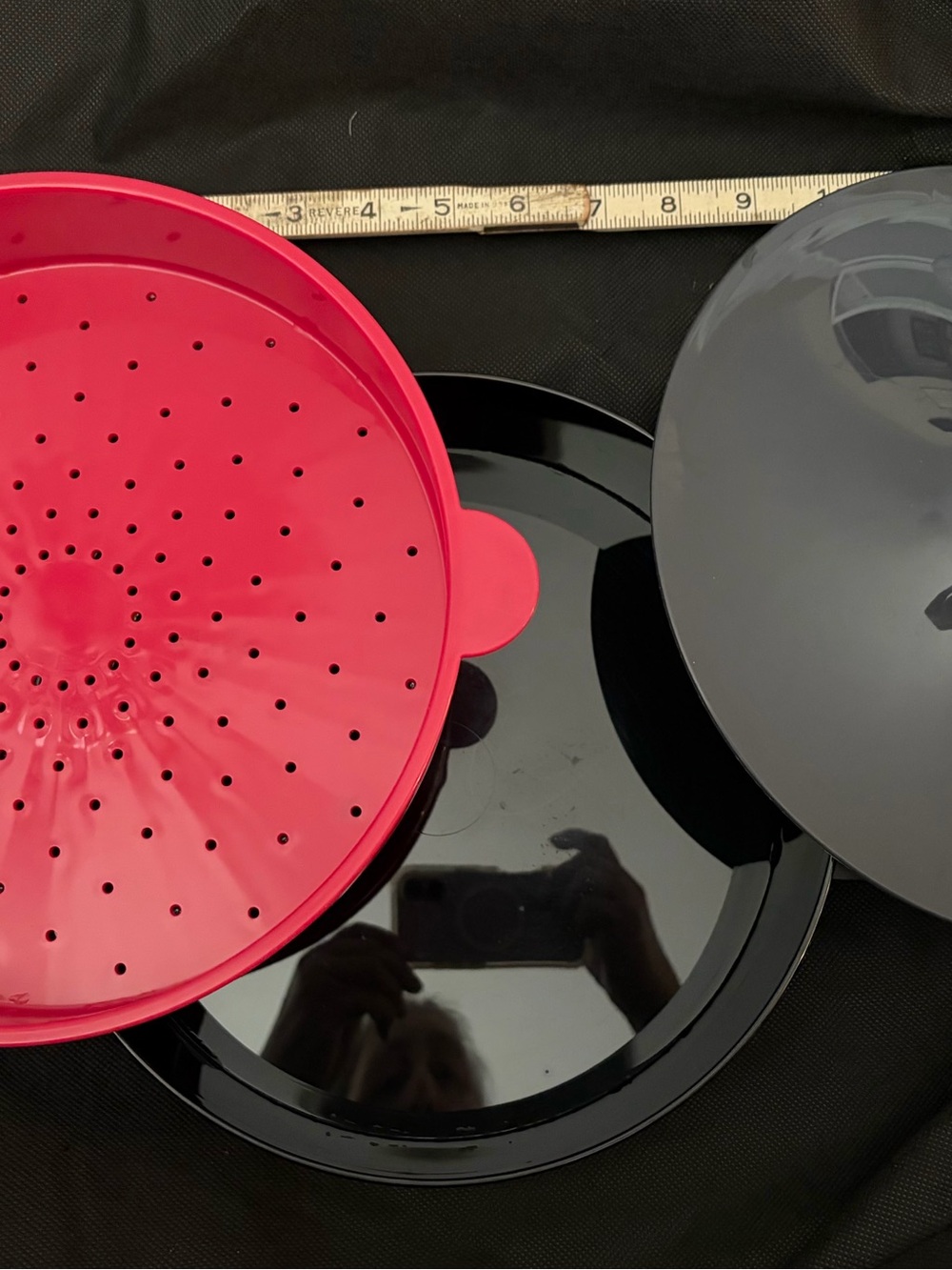 Tupperware Red Strainer Insert with Black and Gray Lids